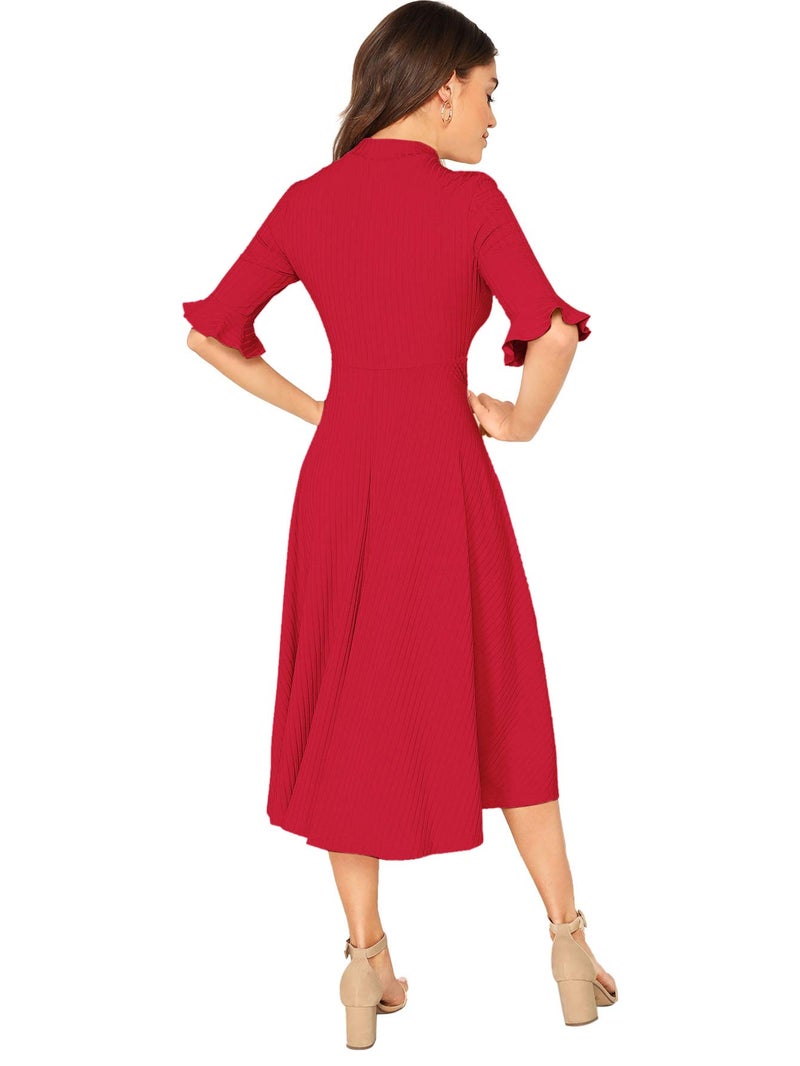 Verdusa Women's Ruffle Half Sleeve A Line Fall Dresses Elegant Fit and Flare Midi Dress Red Solid Small - Image 2